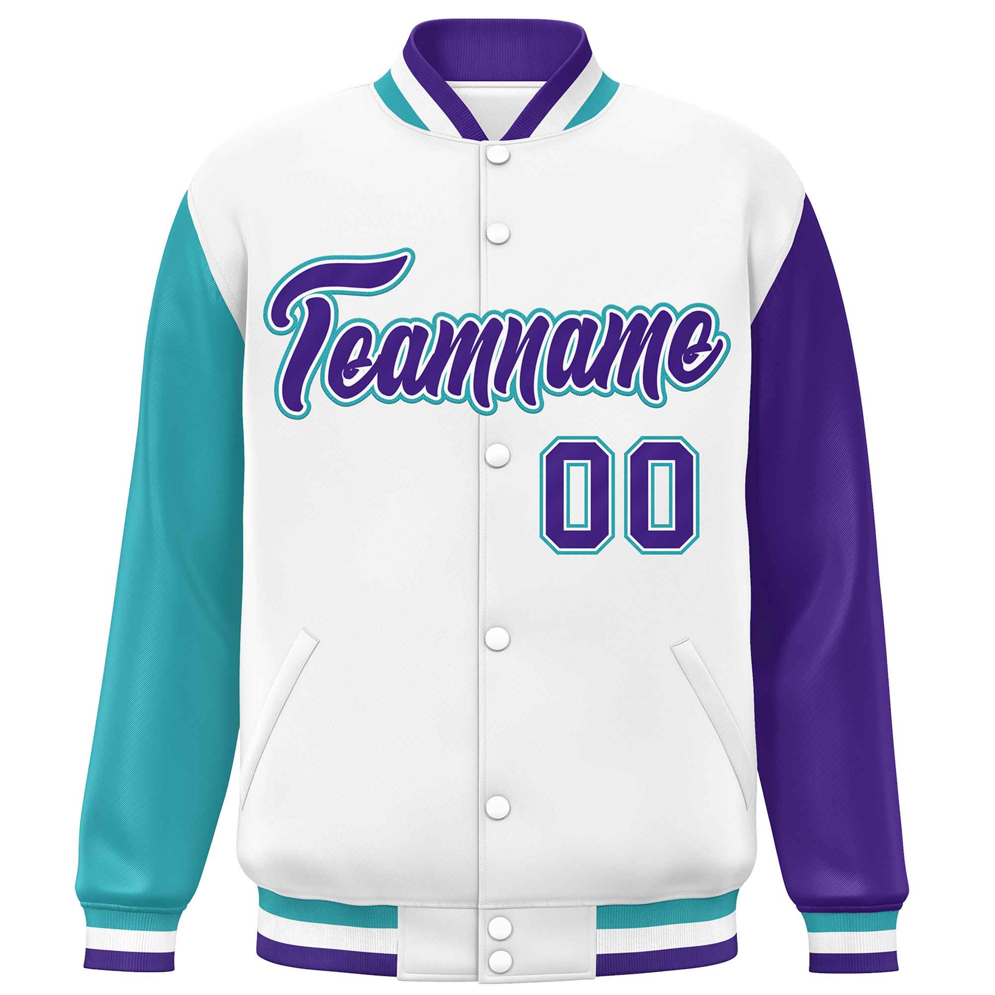 Custom White Aqua-Purple Varsity Full-Snap Raglan Sleeves Letterman Baseball Jacket