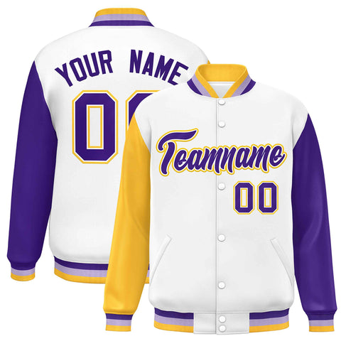 Custom White Gold-Purple Varsity Full-Snap Raglan Sleeves Letterman Baseball Jacket