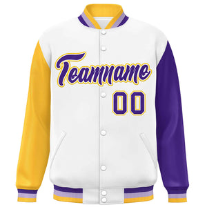 Custom White Gold-Purple Varsity Full-Snap Raglan Sleeves Letterman Baseball Jacket