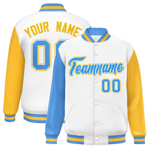 Custom White Powder Blue-Gold Varsity Full-Snap Raglan Sleeves Letterman Baseball Jacket