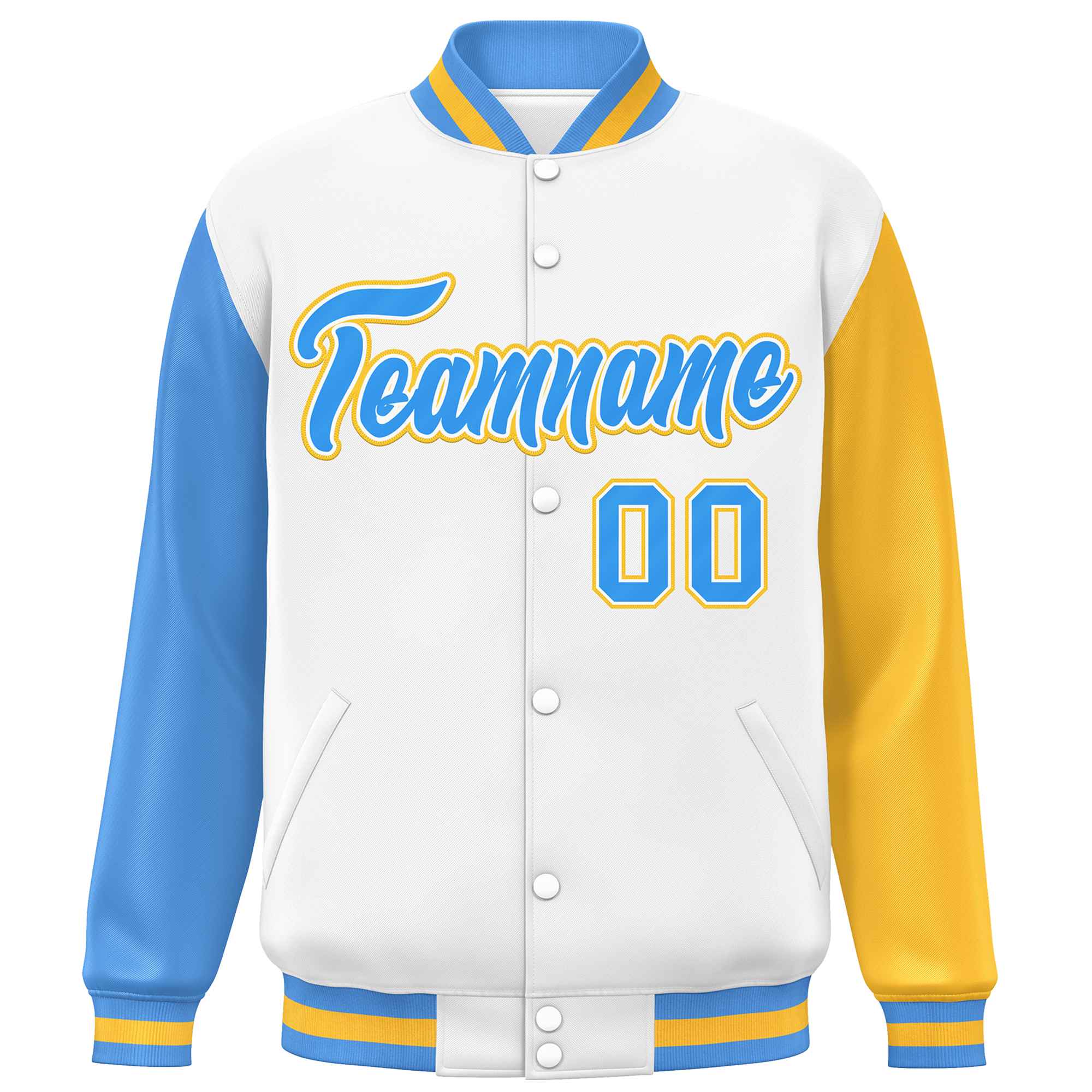 Custom White Powder Blue-Gold Varsity Full-Snap Raglan Sleeves Letterman Baseball Jacket