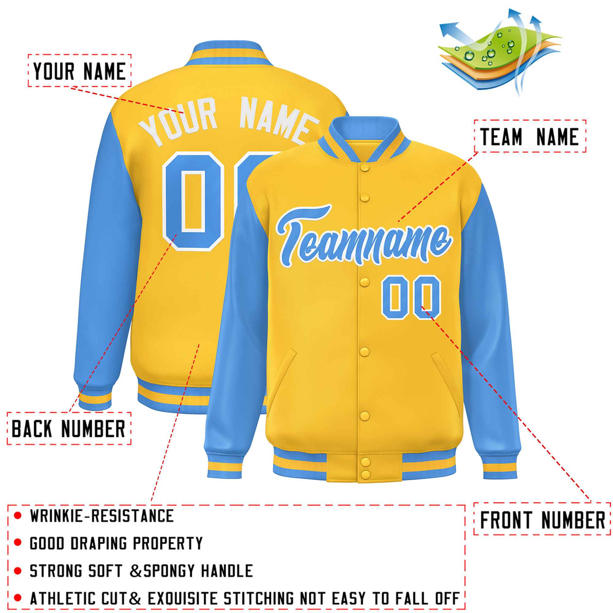 Custom Gold Powder Blue Varsity Full-Snap Raglan Sleeves Letterman Baseball Jacket