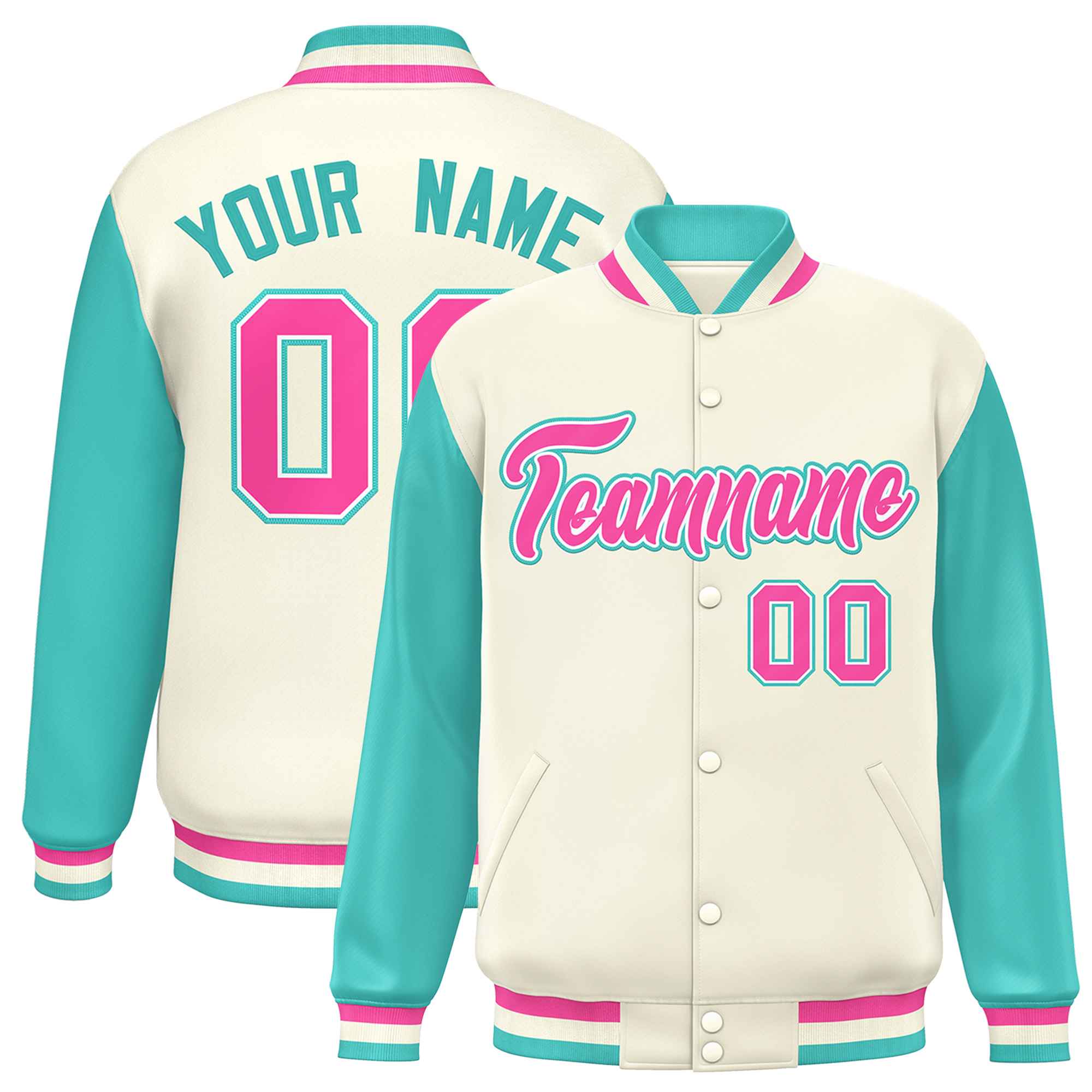 Custom Cream Aqua-Pink Varsity Full-Snap Raglan Sleeves Letterman Baseball Jacket