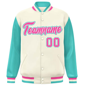 Custom Cream Aqua-Pink Varsity Full-Snap Raglan Sleeves Letterman Baseball Jacket