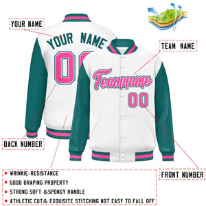 Custom White Aqua-Pink Varsity Full-Snap Raglan Sleeves Letterman Baseball Jacket