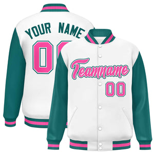 Custom White Aqua-Pink Varsity Full-Snap Raglan Sleeves Letterman Baseball Jacket