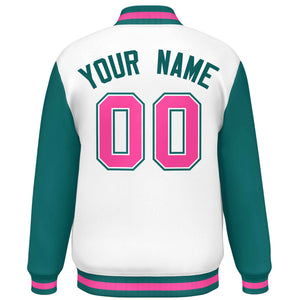 Custom White Aqua-Pink Varsity Full-Snap Raglan Sleeves Letterman Baseball Jacket