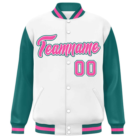Custom White Aqua-Pink Varsity Full-Snap Raglan Sleeves Letterman Baseball Jacket