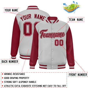 Custom Light Gray Crimson Varsity Full-Snap Raglan Sleeves Letterman Baseball Jacket