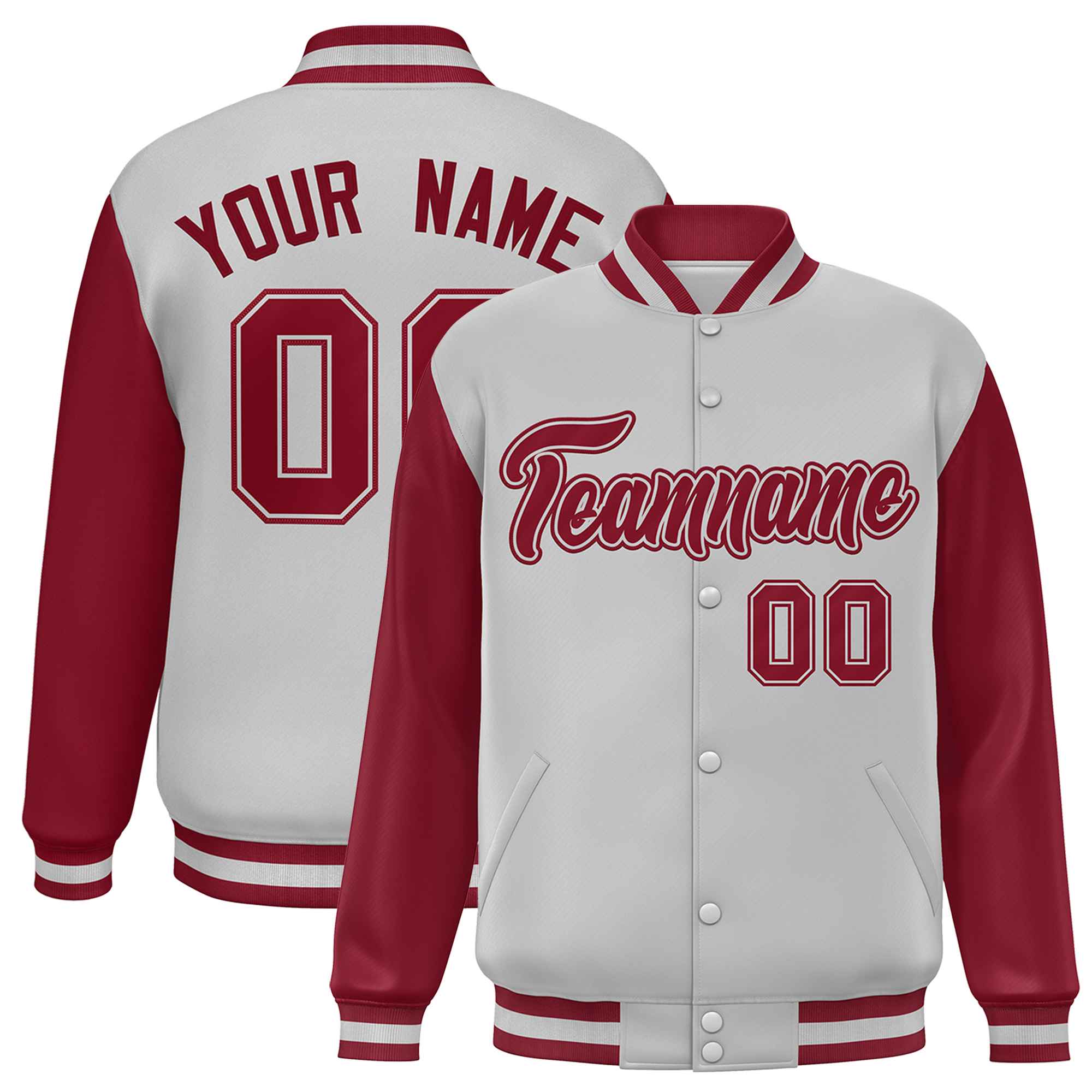 Custom Light Gray Crimson Varsity Full-Snap Raglan Sleeves Letterman Baseball Jacket