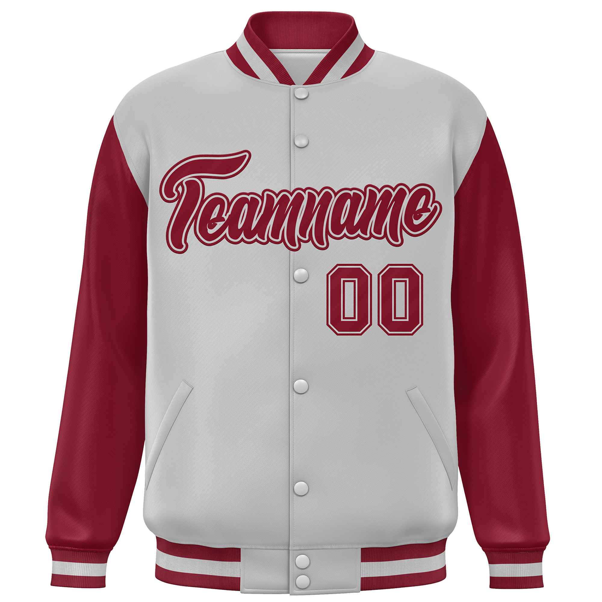 Custom Light Gray Crimson Varsity Full-Snap Raglan Sleeves Letterman Baseball Jacket