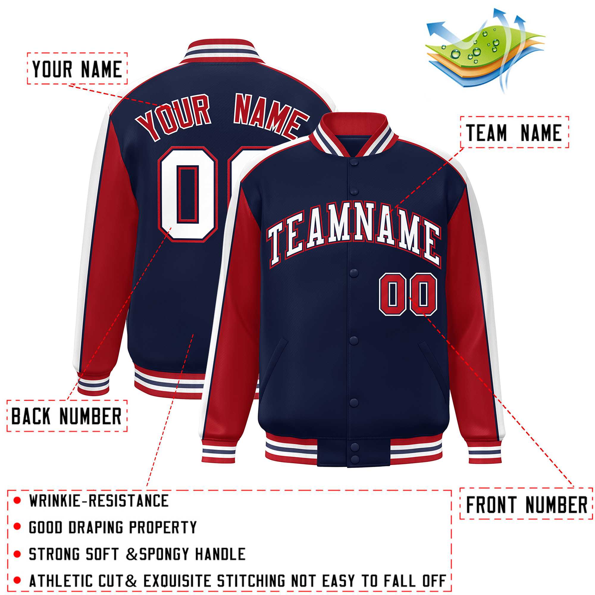 Custom Navy Red-White Color Block Bomber Varsity Full-Snap Baseball Jacket