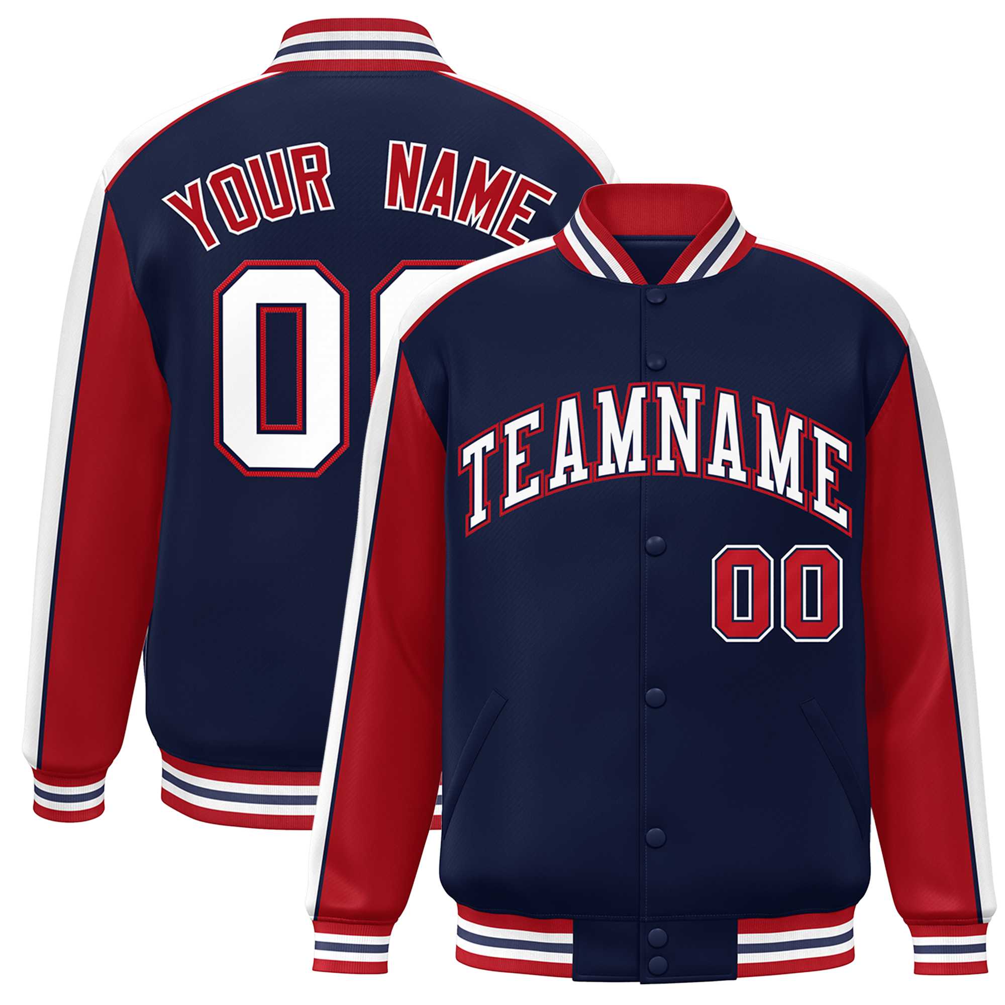 Custom Navy Red-White Color Block Bomber Varsity Full-Snap Baseball Jacket