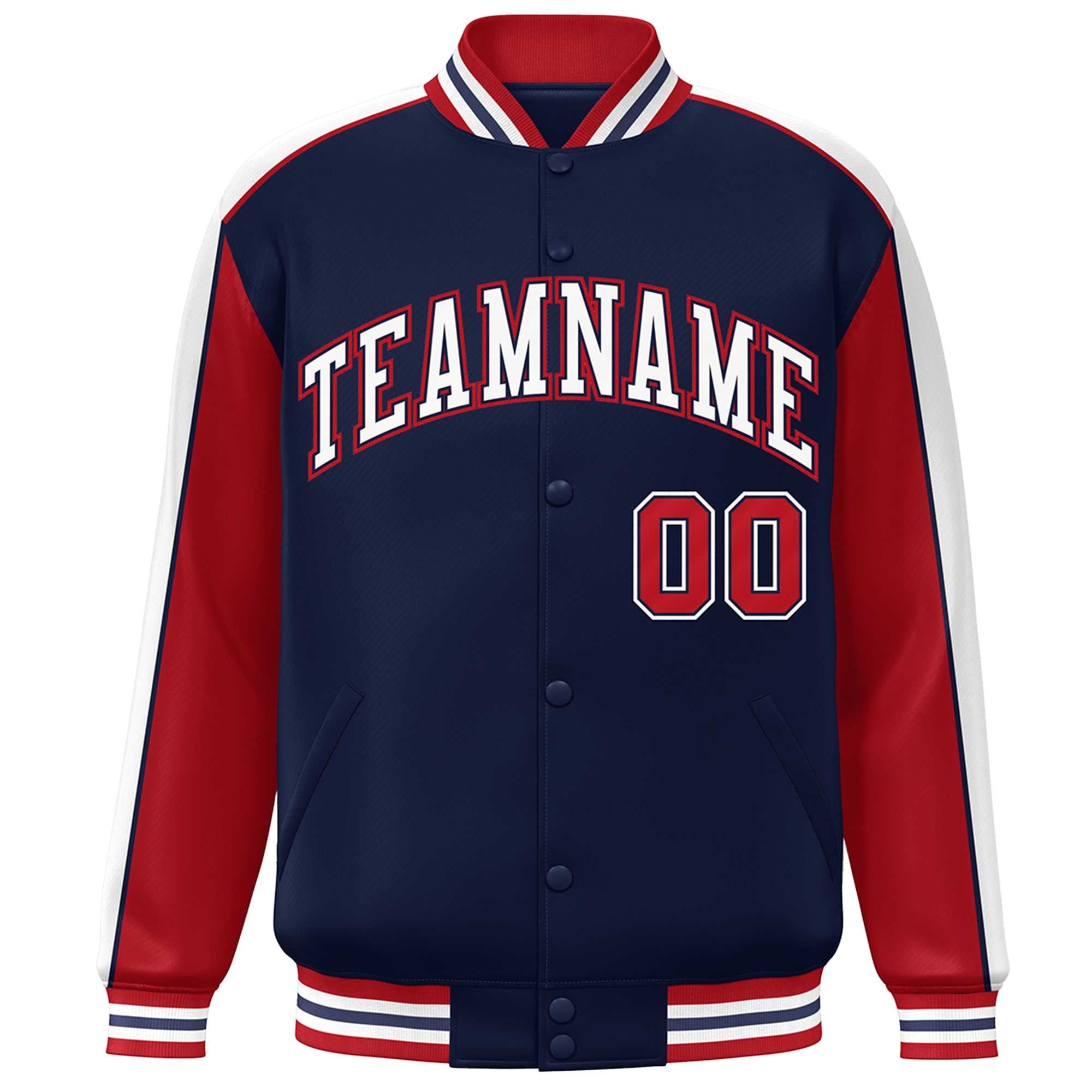 Custom Navy Red-White Color Block Bomber Varsity Full-Snap Baseball Jacket