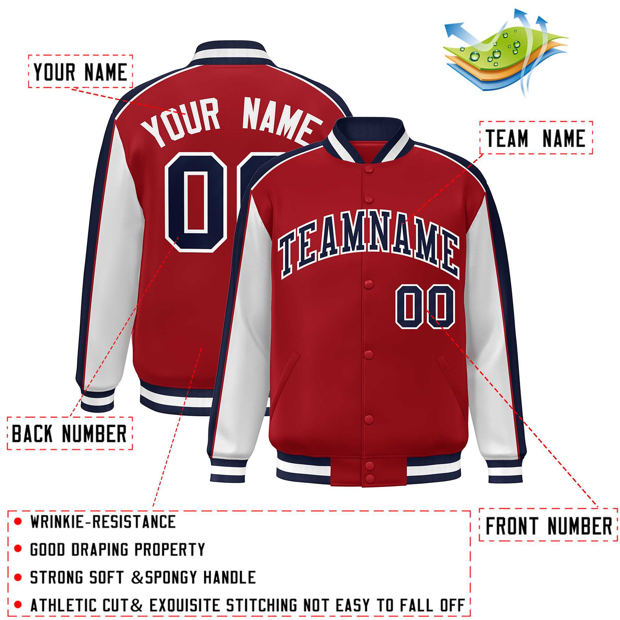 Custom Red Navy-White Color Block Bomber Varsity Full-Snap Baseball Jacket