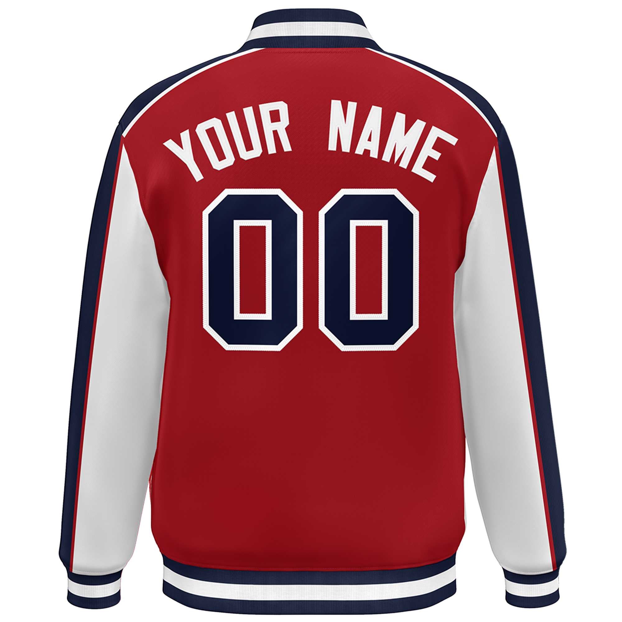 Custom Red Navy-White Color Block Bomber Varsity Full-Snap Baseball Jacket