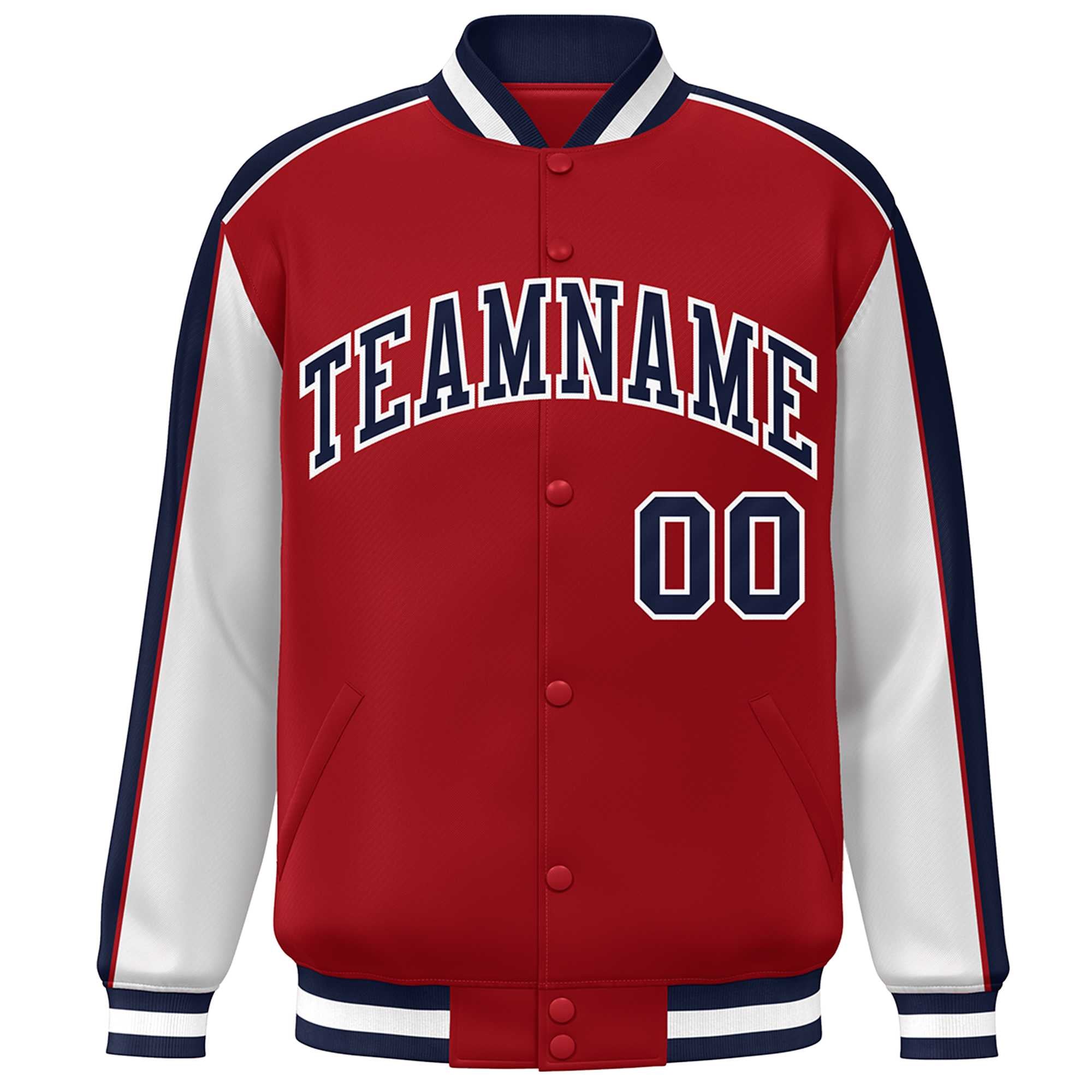 Custom Red Navy-White Color Block Bomber Varsity Full-Snap Baseball Jacket