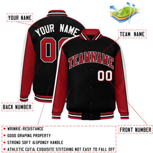 Custom Black Red-White Color Block Bomber Varsity Full-Snap Baseball Jacket