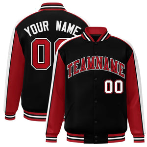 Custom Black Red-White Color Block Bomber Varsity Full-Snap Baseball Jacket