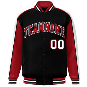 Custom Black Red-White Color Block Bomber Varsity Full-Snap Baseball Jacket