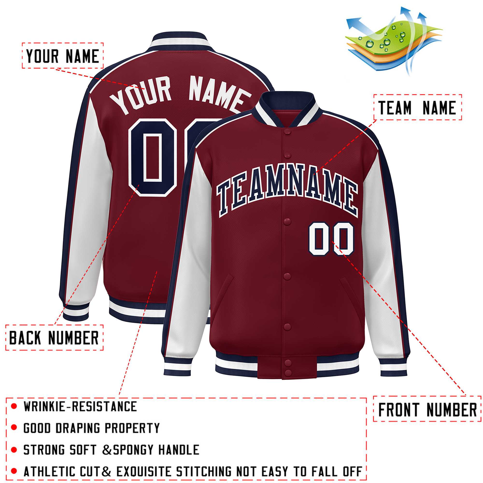 Custom Crimson White-Navy Color Block Bomber Varsity Full-Snap Baseball Jacket