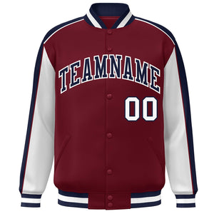 Custom Crimson White-Navy Color Block Bomber Varsity Full-Snap Baseball Jacket