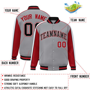 Custom Gray Red-White Color Block Bomber Varsity Full-Snap Baseball Jacket