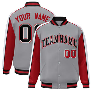 Custom Gray Red-White Color Block Bomber Varsity Full-Snap Baseball Jacket