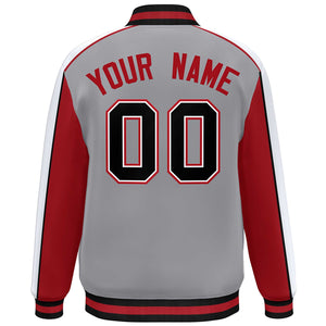 Custom Gray Red-White Color Block Bomber Varsity Full-Snap Baseball Jacket