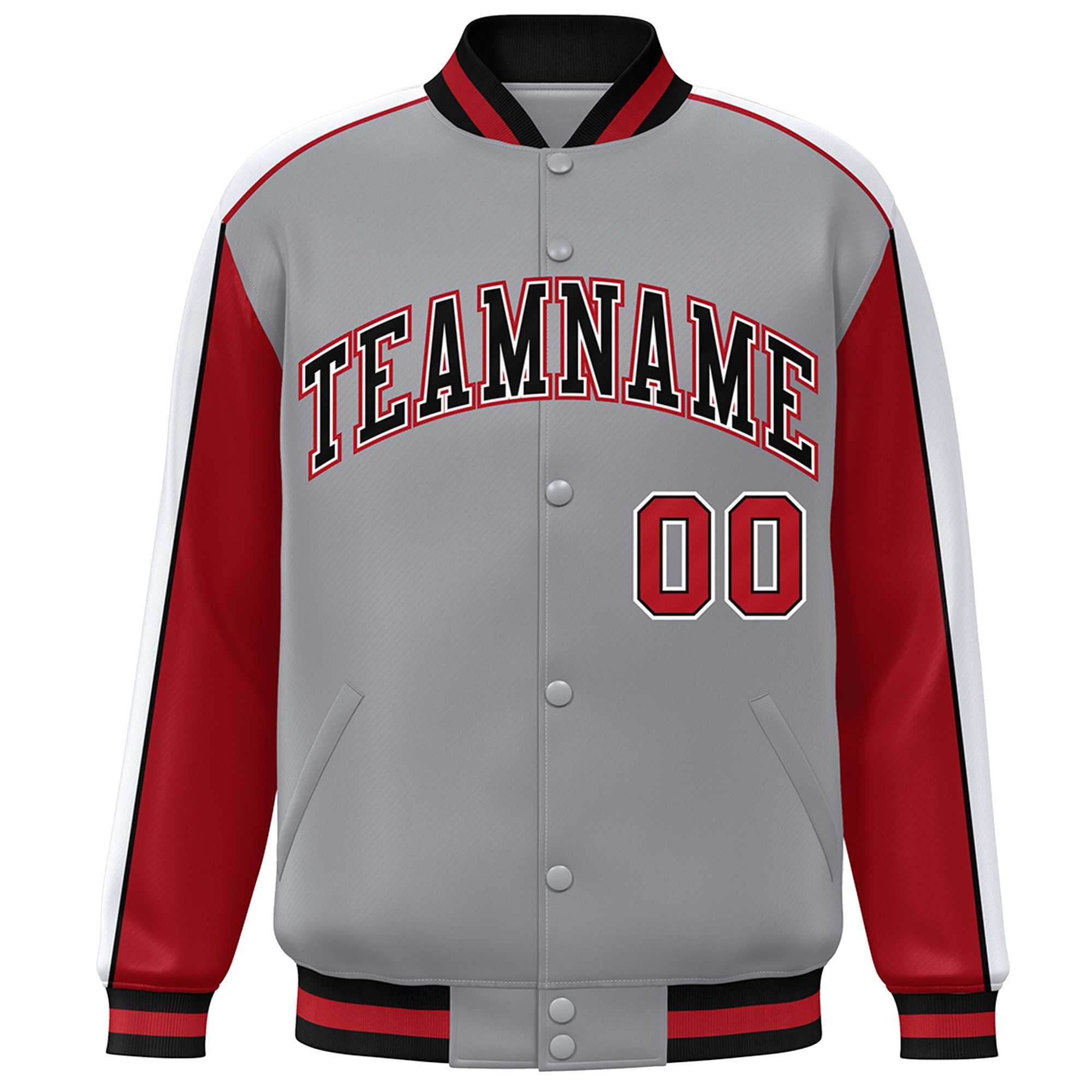 Custom Gray Red-White Color Block Bomber Varsity Full-Snap Baseball Jacket