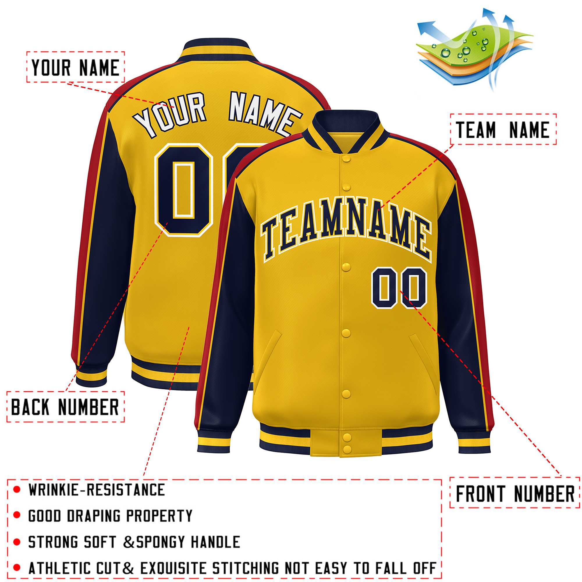 Custom Gold Navy-Red Color Block Bomber Varsity Full-Snap Baseball Jacket