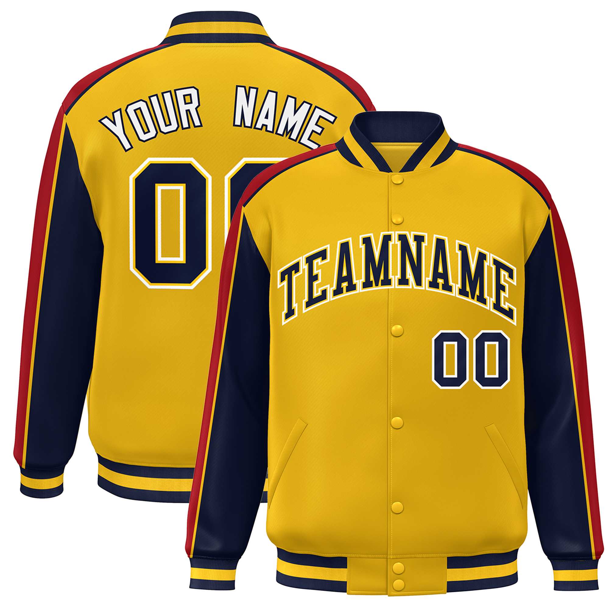 Custom Gold Navy-Red Color Block Bomber Varsity Full-Snap Baseball Jacket