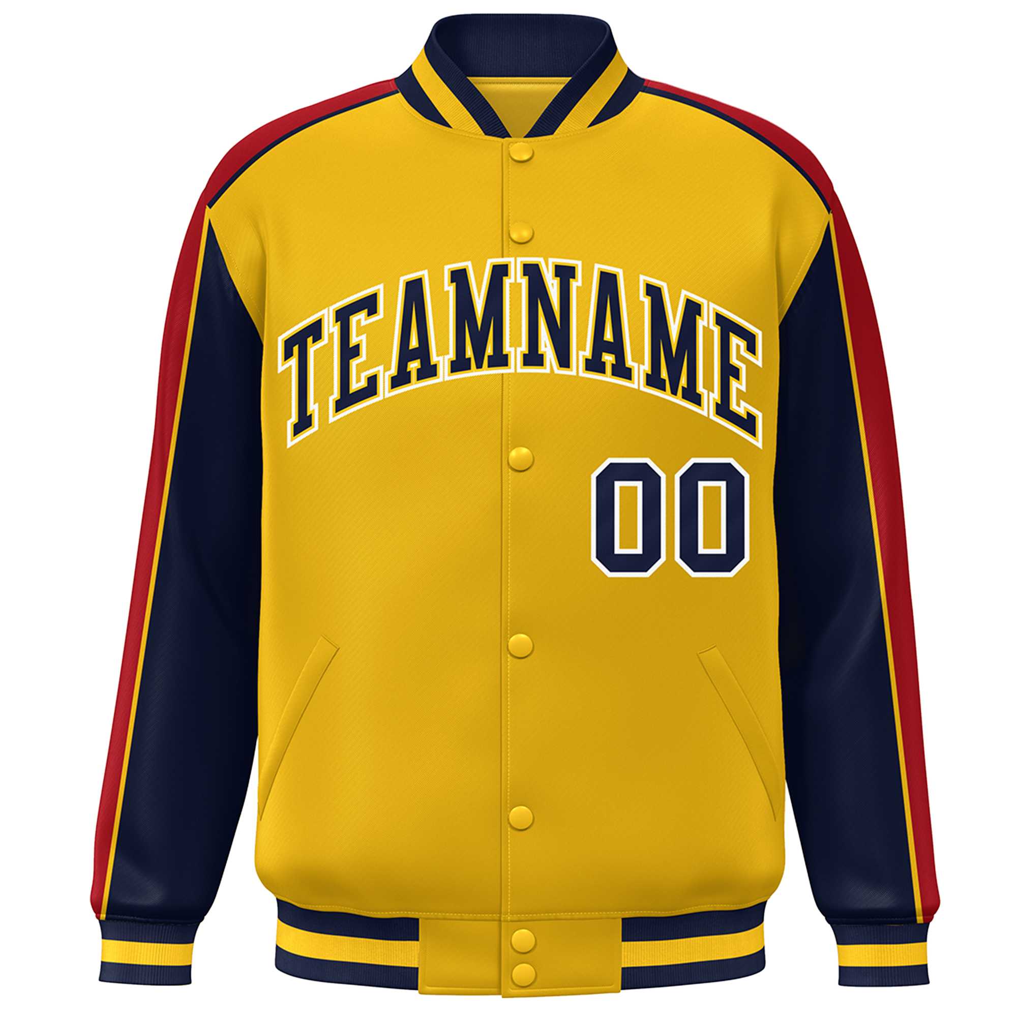 Custom Gold Navy-Red Color Block Bomber Varsity Full-Snap Baseball Jacket