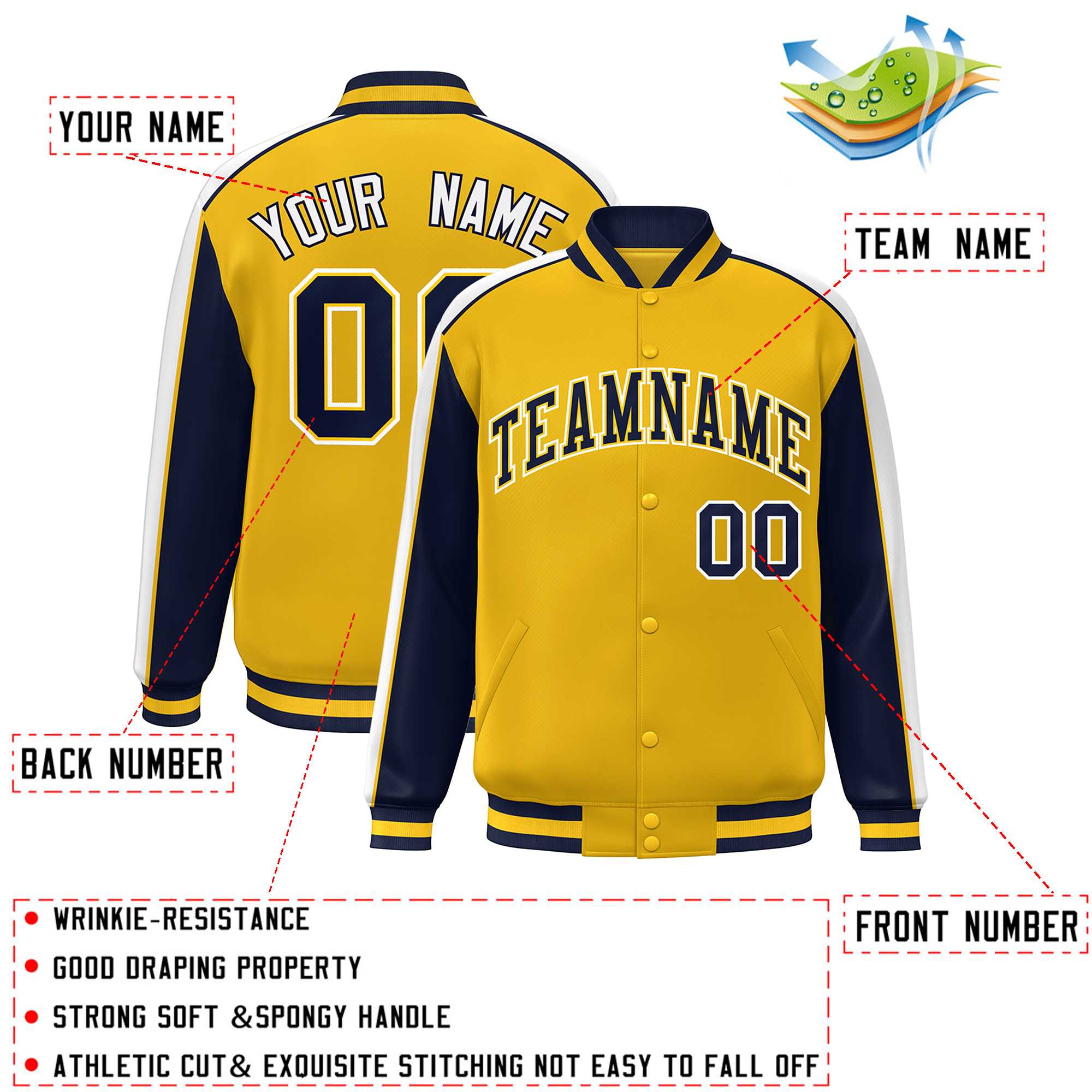 Custom Gold Navy-White Color Block Bomber Varsity Full-Snap Baseball Jacket