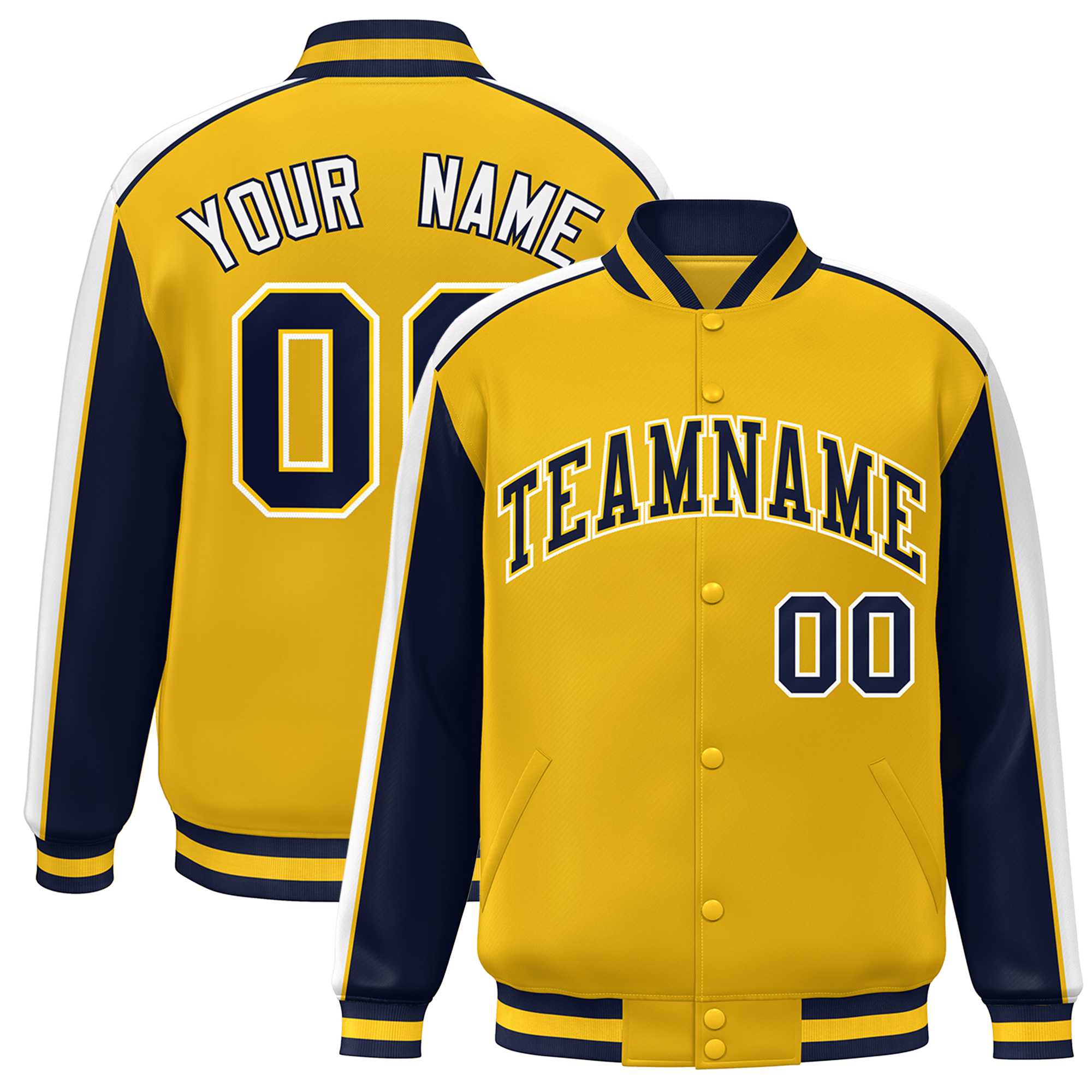 Custom Gold Navy-White Color Block Bomber Varsity Full-Snap Baseball Jacket