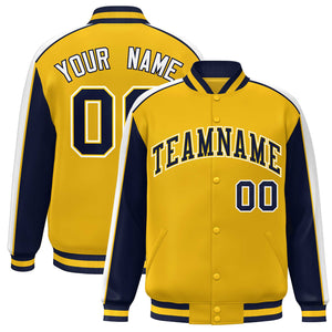 Custom Gold Navy-White Color Block Bomber Varsity Full-Snap Baseball Jacket