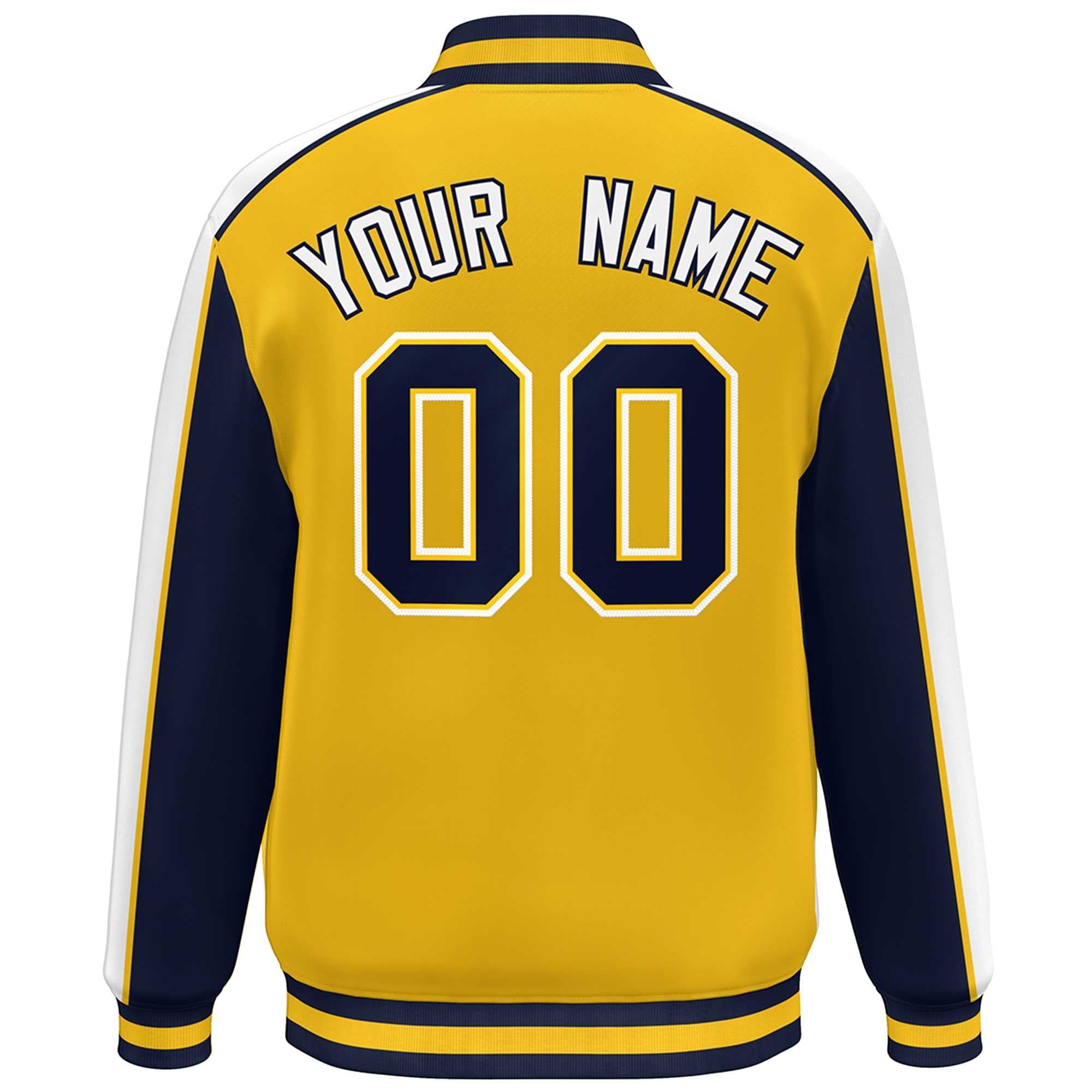 Custom Gold Navy-White Color Block Bomber Varsity Full-Snap Baseball Jacket