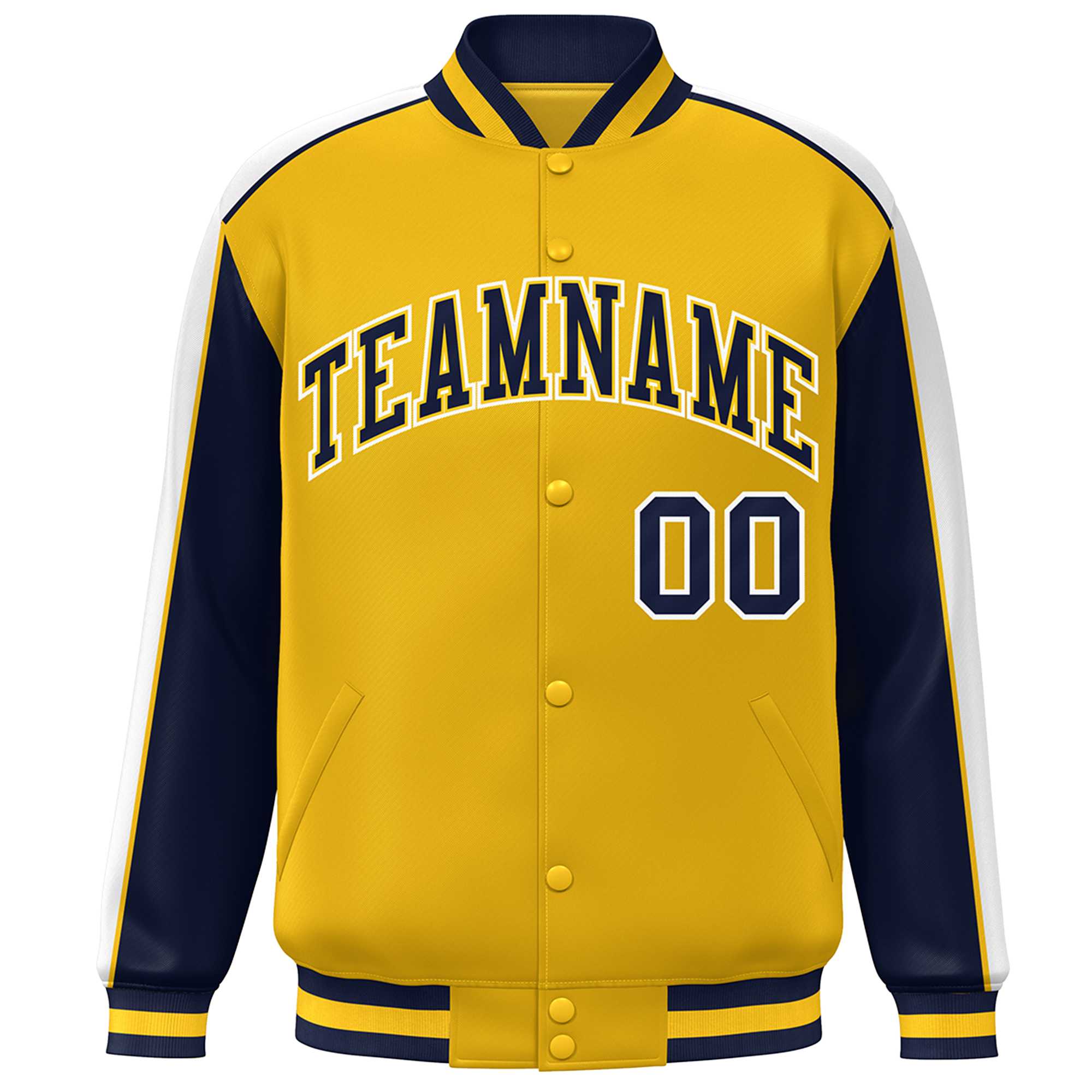 Custom Gold Navy-White Color Block Bomber Varsity Full-Snap Baseball Jacket