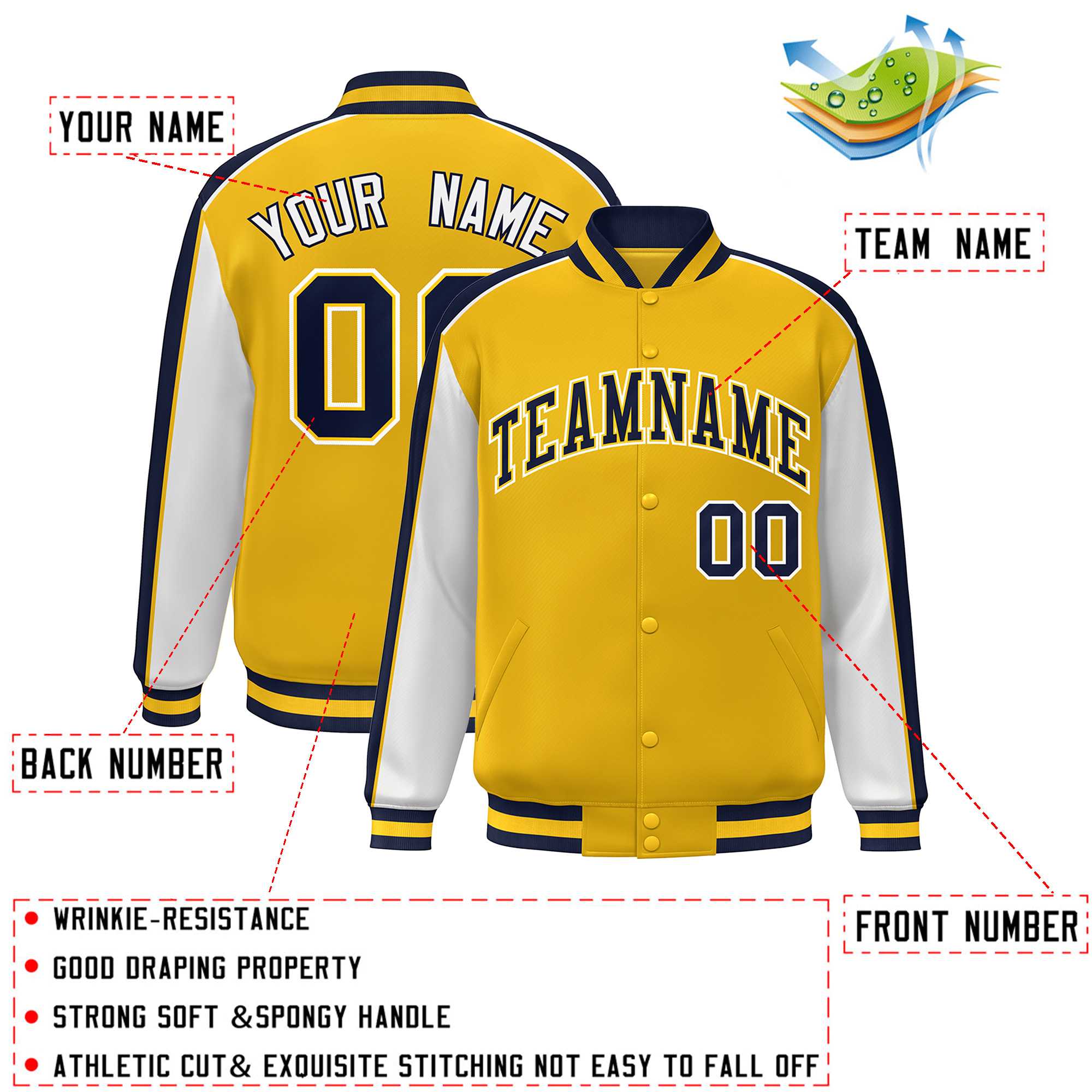 Custom Gold White-Navy Color Block Bomber Varsity Full-Snap Baseball Jacket