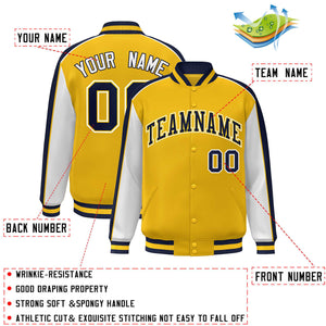 Custom Gold White-Navy Color Block Bomber Varsity Full-Snap Baseball Jacket