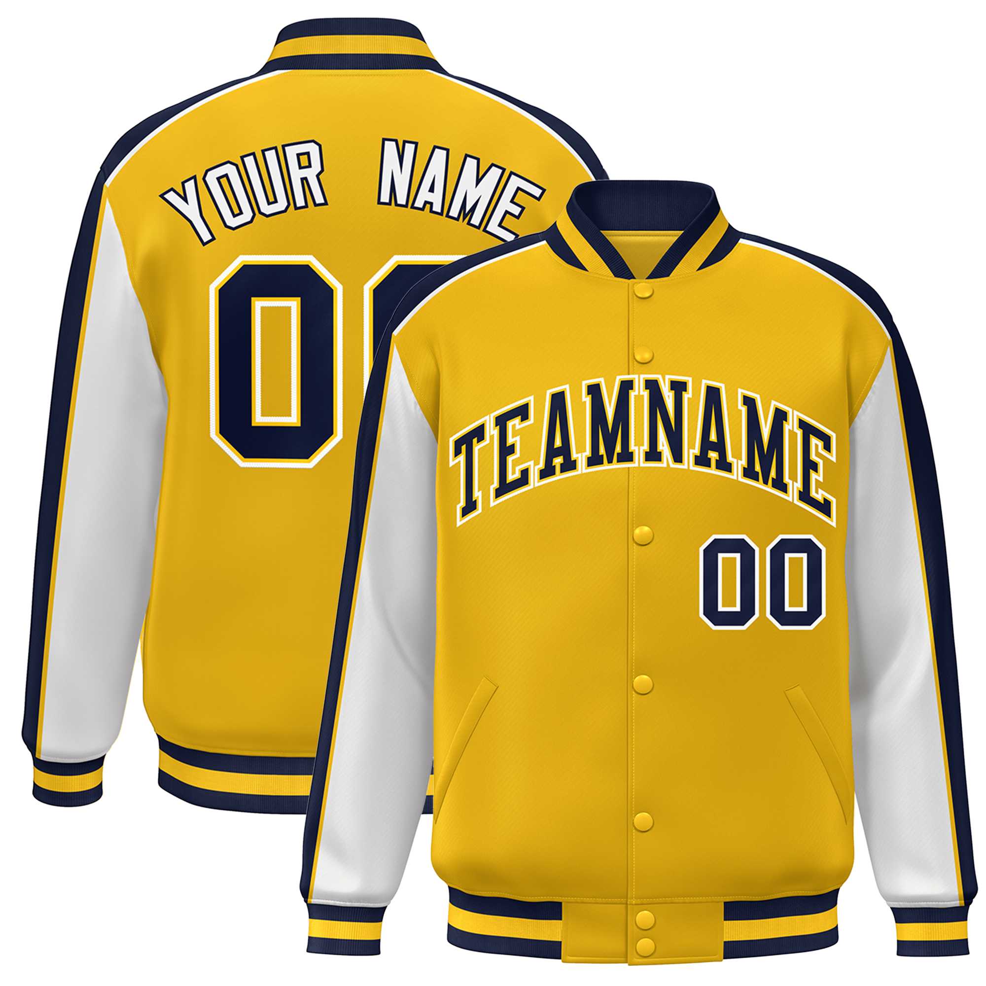 Custom Gold White-Navy Color Block Bomber Varsity Full-Snap Baseball Jacket