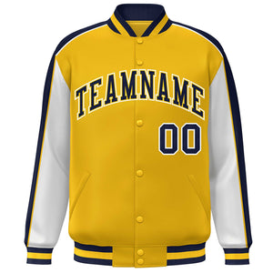 Custom Gold White-Navy Color Block Bomber Varsity Full-Snap Baseball Jacket