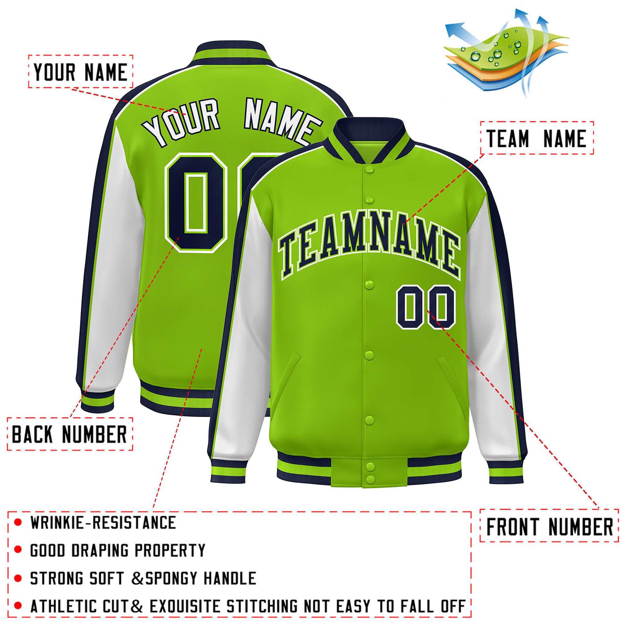 Custom Neon Green White-Navy Color Block Bomber Varsity Full-Snap Baseball Jacket