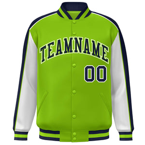 Custom Neon Green White-Navy Color Block Bomber Varsity Full-Snap Baseball Jacket