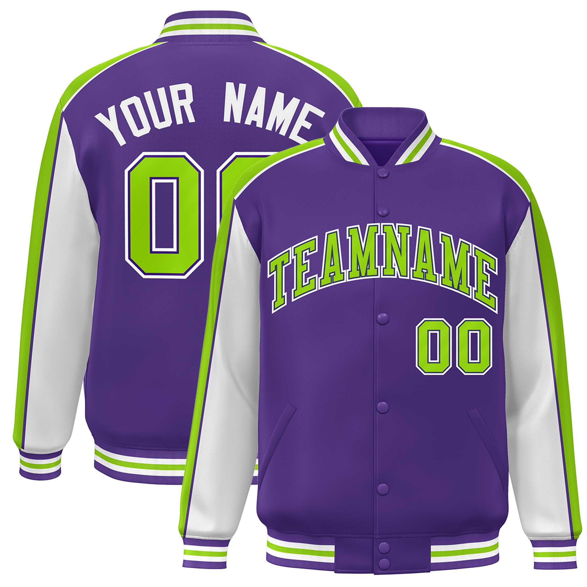 Custom Purple White-Neon Green Color Block Bomber Varsity Full-Snap Baseball Jacket