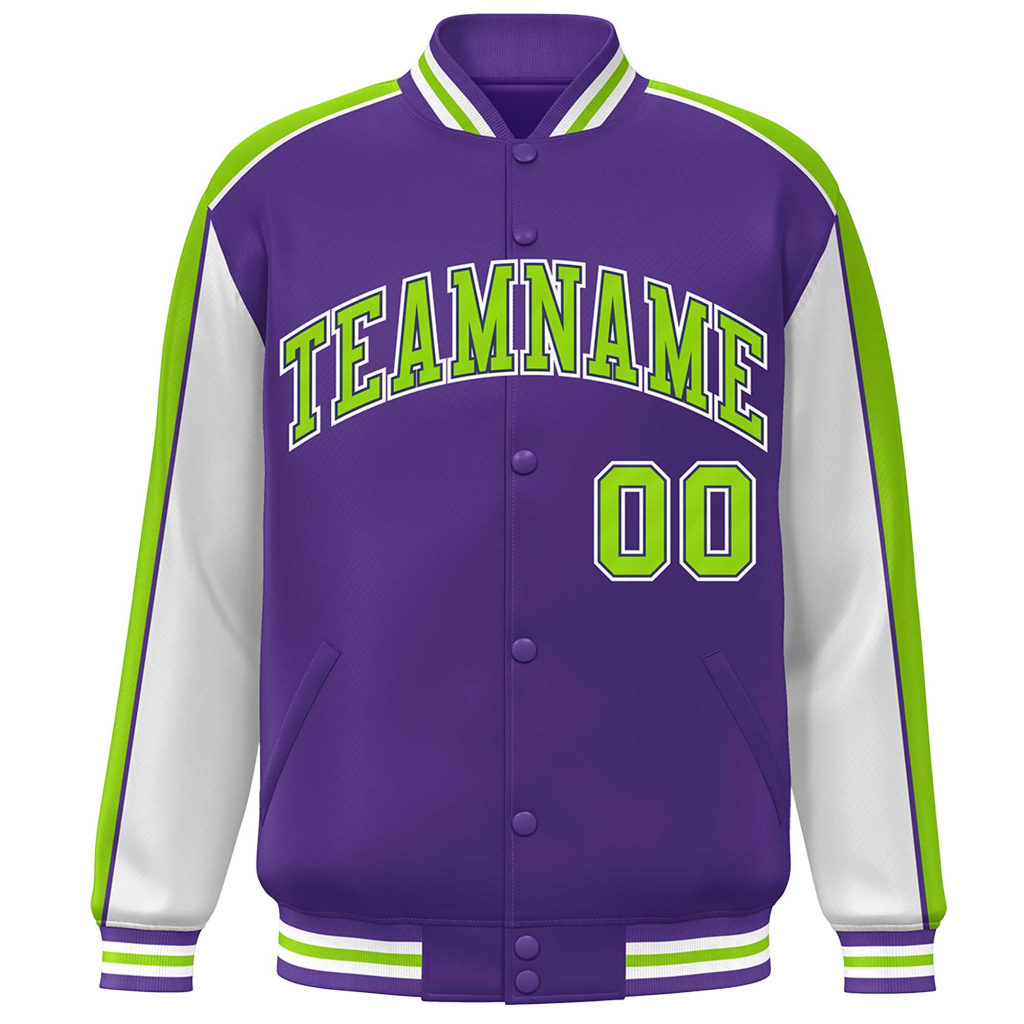 Custom Purple White-Neon Green Color Block Bomber Varsity Full-Snap Baseball Jacket