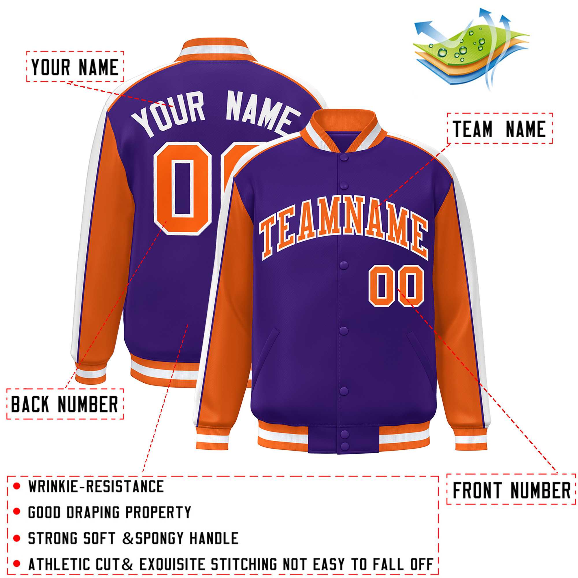 Custom Purple Orange-White Color Block Bomber Varsity Full-Snap Baseball Jacket