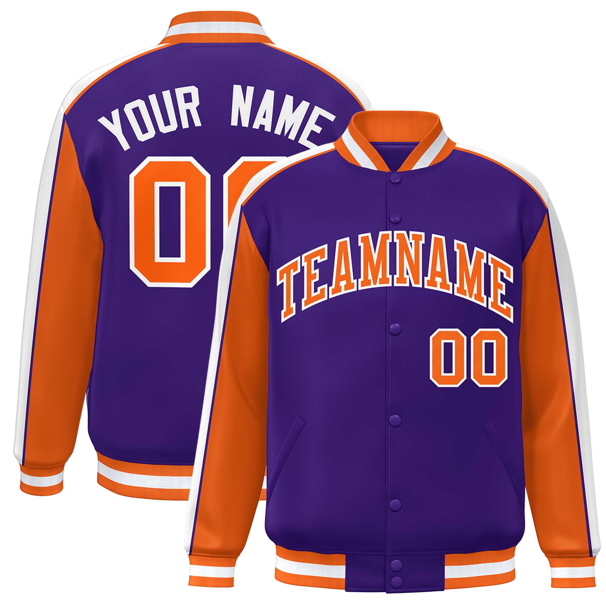 Custom Purple Orange-White Color Block Bomber Varsity Full-Snap Baseball Jacket