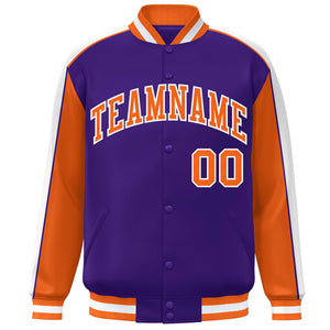 Custom Purple Orange-White Color Block Bomber Varsity Full-Snap Baseball Jacket