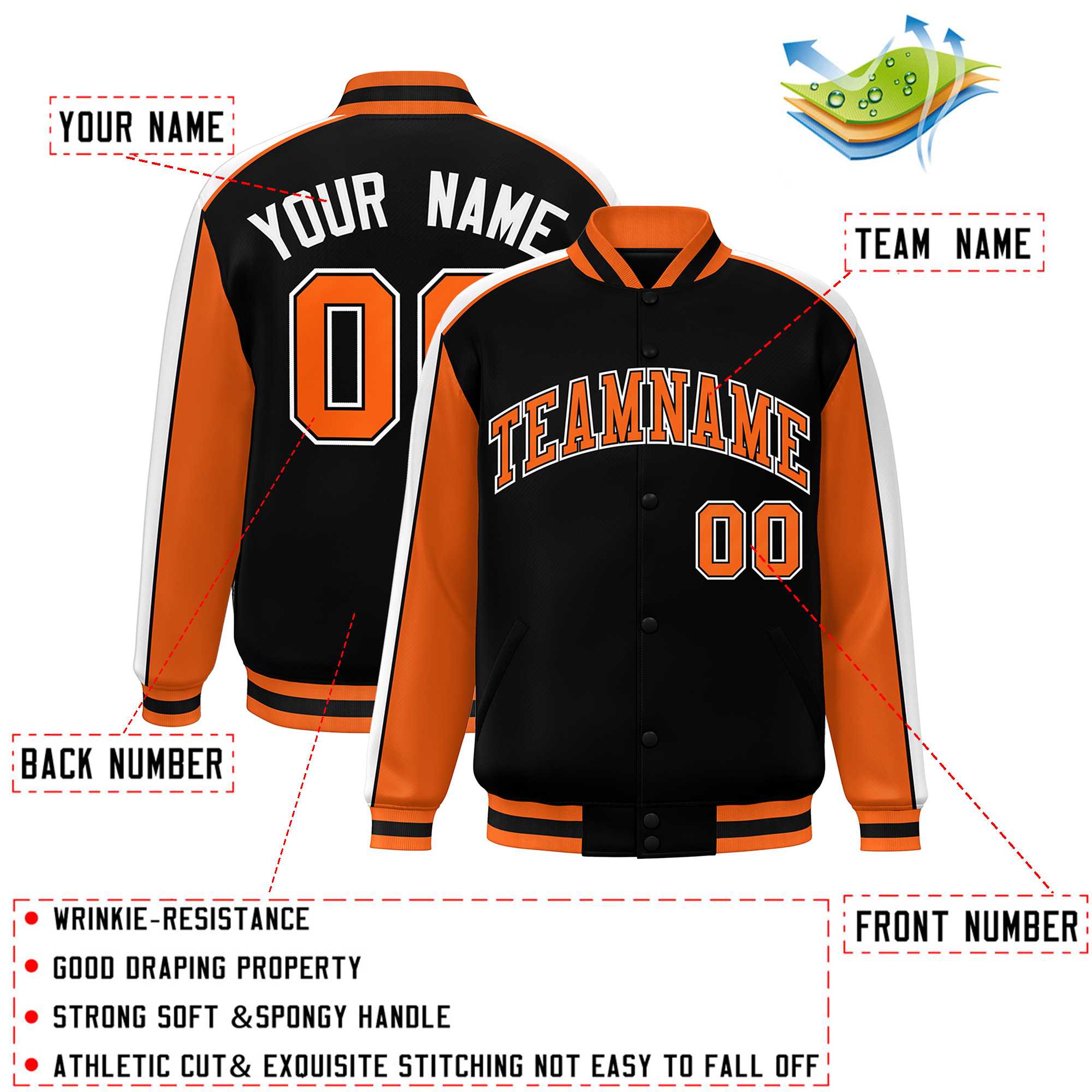 Custom Black Orange-White Color Block Bomber Varsity Full-Snap Baseball Jacket